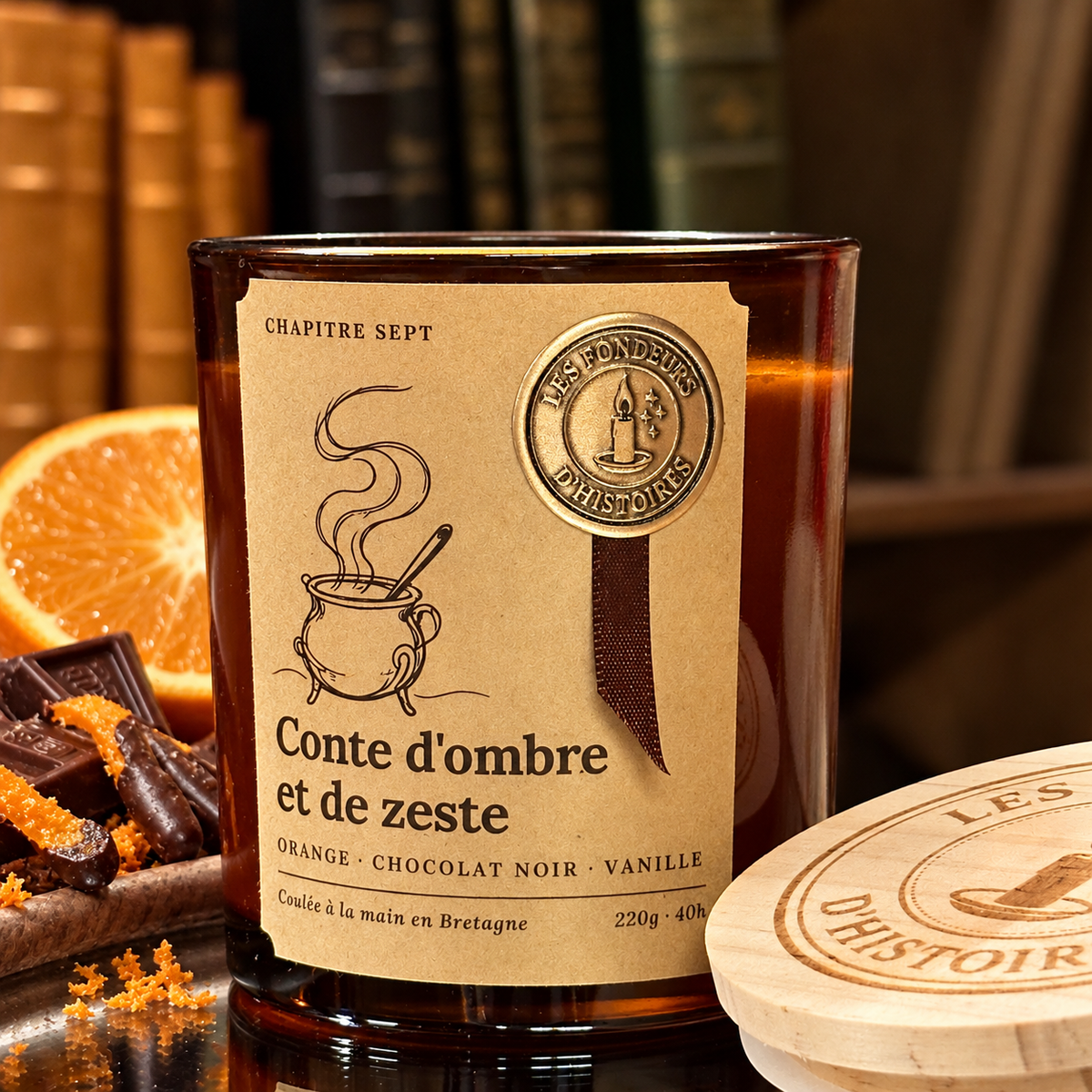 Bougie parfumée Conte d'ombre et de zeste, verre ambré, étiquette kraft et sceau doré, Les Fondeurs d'Histoires