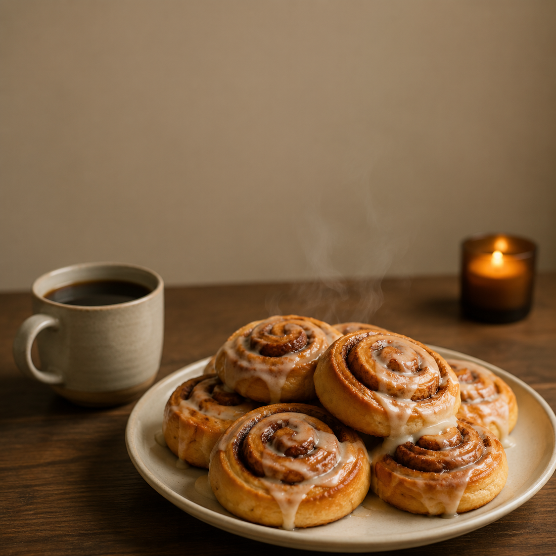 Roulés à la cannelle suédois fraîchement sortis du four sur une table en bois, avec une tasse de café et une bougie allumée en arrière-plan