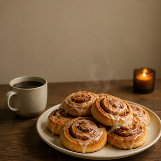 Roulés à la cannelle suédois fraîchement sortis du four sur une table en bois, avec une tasse de café et une bougie allumée en arrière-plan