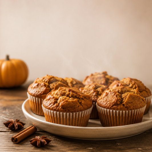 Muffins à la citrouille épicée fraîchement sortis du four sur une table en bois avec des épices et une citrouille décorative