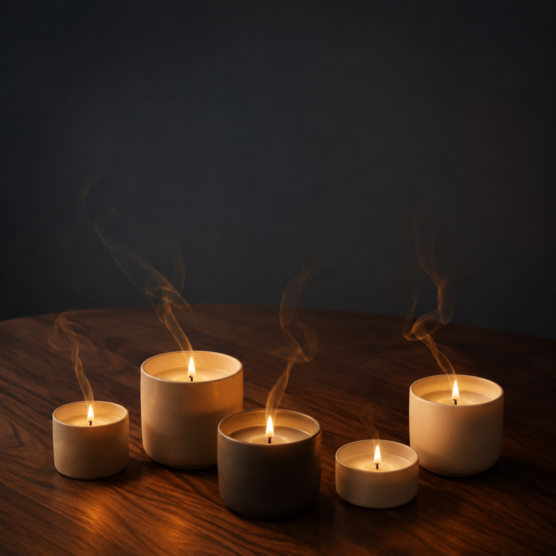 Plusieurs bougies allumées de tailles différentes sur une table en bois, ambiance chaleureuse et cocooning
