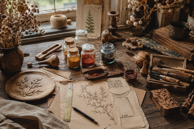 Vue de l'atelier des Fondeurs d'Histoires avec des objets artisanaux, outils vintage et esquisses sur papier kraft