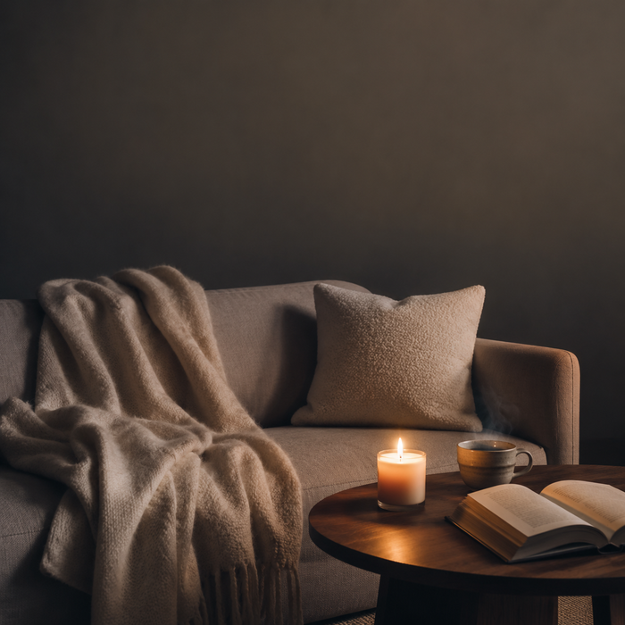 Coin salon cocooning avec plaid en laine, bougie allumée, tasse fumante et livre ouvert sur une table basse en bois