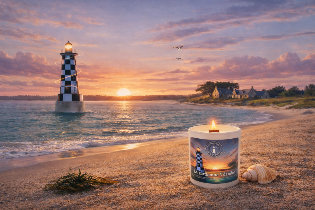 La gardienne à damier : la bougie bretonne inspirée du phare de Loctudy et des légendes marines - Les Fondeurs d'Histoires