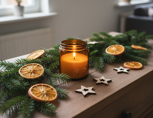 Salon de Noël chaleureux avec sapin illuminé, guirlandes et bougies parfumées Les Fondeurs d’Histoires allumées sur la table basse, ambiance cocooning et festive.