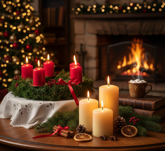Bougies de Noël allumées sur une couronne de l’Avent entourée de branches de sapin et de décorations dorées — Les Fondeurs d’Histoires, traditions et symboles de la lumière hivernale.