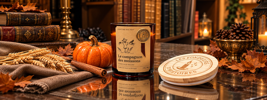 Bougie parfumée Le Compagnon des Moissons, bougie d'automne à la citrouille épicée, Les Fondeurs d'Histoires