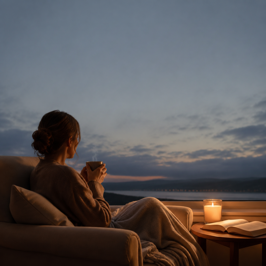Personne assise dans un fauteuil au crépuscule, bougie allumée à côté d'une tasse fumante, ambiance cocooning rentrée