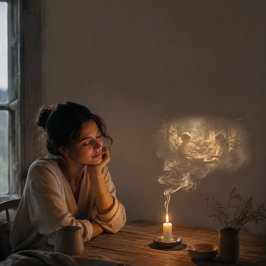 Femme assise près d'une fenêtre, bougie allumée dont la fumée dorée fait apparaître un souvenir d'enfance, illustration Les Fondeurs d'Histoires