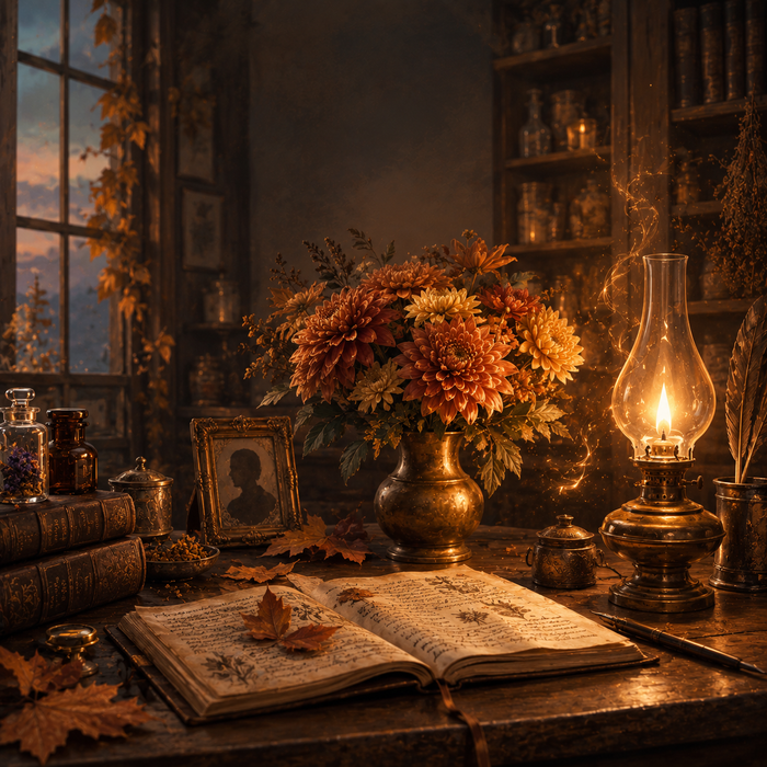 Bureau d'apothicaire ancien avec carnet ouvert, chrysanthèmes dans un vase en laiton et lampe à huile allumée