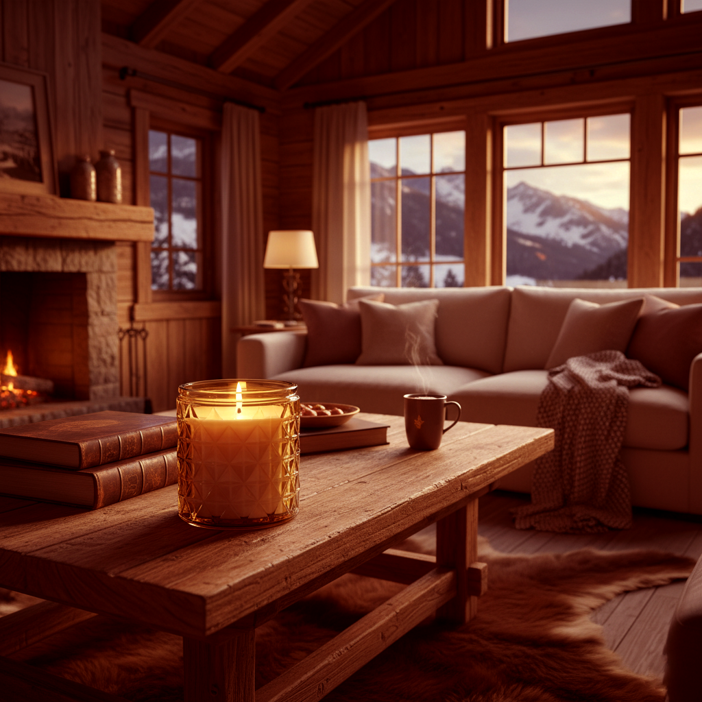 Bougies parfumées artisanales disposées sur une table basse décorative avec livres et fleurs séchées, créant une ambiance chaleureuse et élégante — Les Fondeurs d’Histoires, fabrication artisanale en Bretagne.