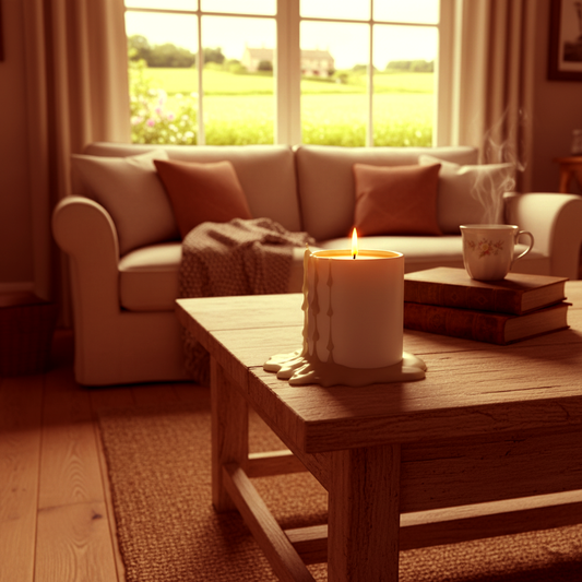Bougie parfumée artisanale allumée sur une table en bois, avec flamme douce et outils d’entretien comme coupe-mèche et éteignoir — Les Fondeurs d’Histoires, bougies naturelles faites main en Bretagne.