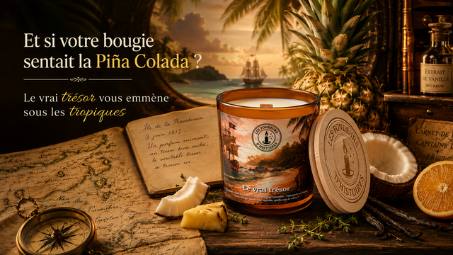 Bougie artisanale Le vrai trésor Les Fondeurs d'Histoires — Parfum ananas coco vanille style Piña Colada — Ambiance tropicale estivale Bretagne