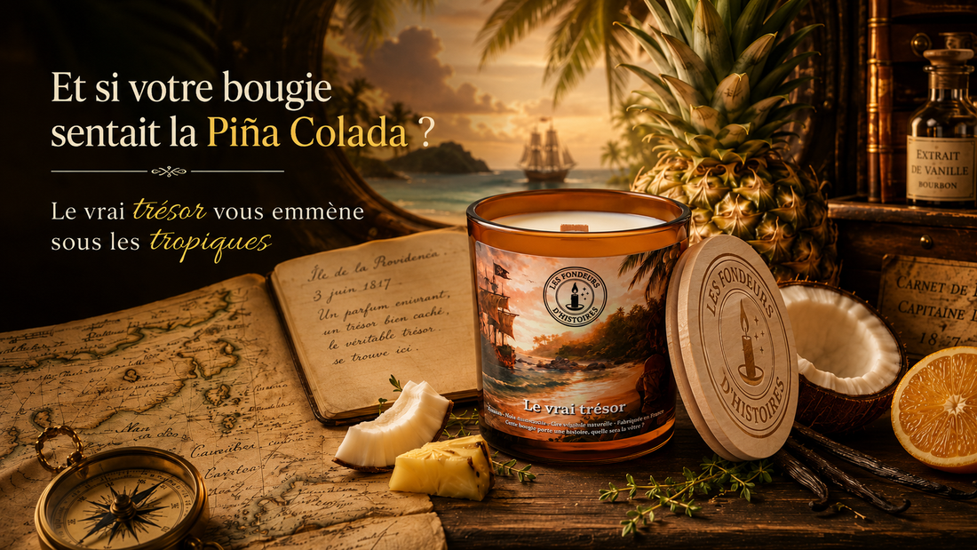 Bougie artisanale Le vrai trésor au parfum ananas, coco et vanille, ambiance tropicale façon Piña Colada