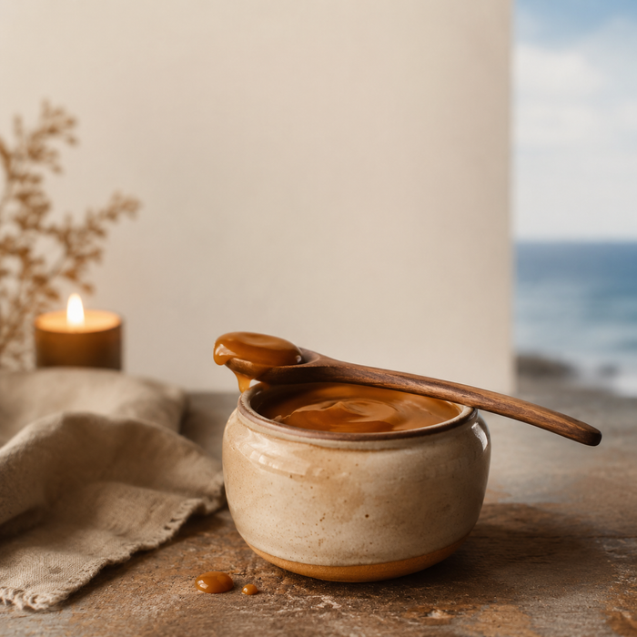 Pot de caramel au beurre salé avec cuillère en bois, ambiance bretonne avec vue sur la mer en arrière-plan