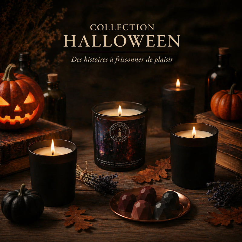 🕯️ Collection Halloween - Bougies et fondants parfumés artisanaux aux senteurs mystérieuses. Cire végétale fabriquée en Bretagne par Les Fondeurs d'Histoires.