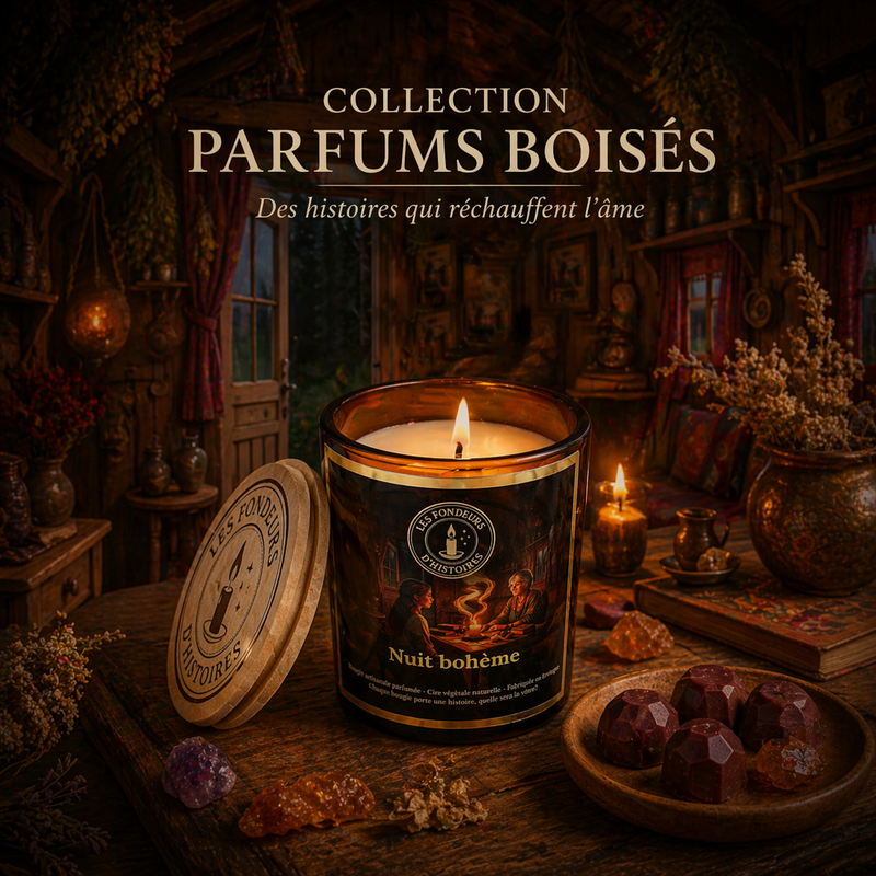 Collection of woody scents, artisanal candles and melts
