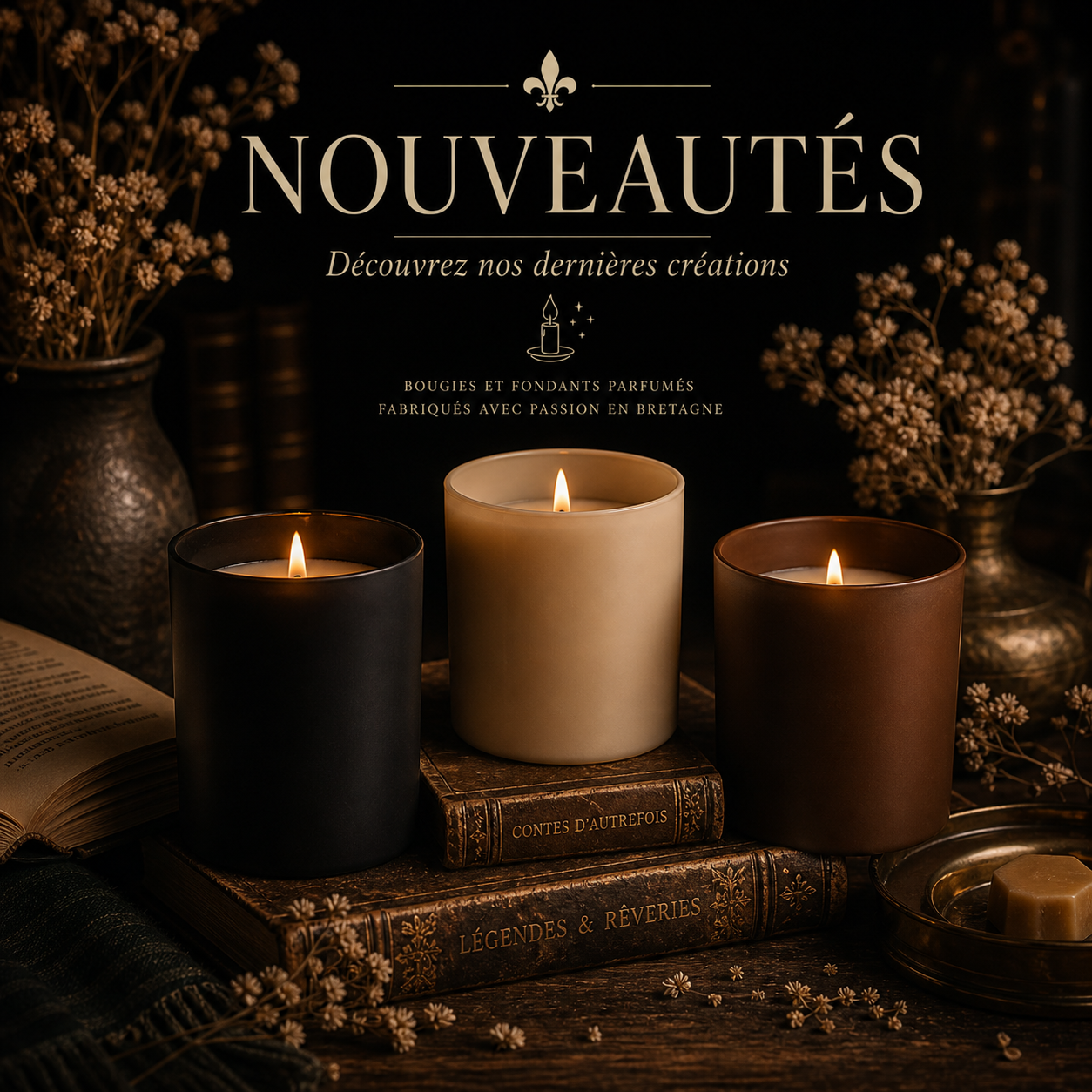 Vignette de la collection Nouveautés Les Fondeurs d’Histoires, avec trois bougies artisanales sans étiquette posées sur des livres anciens dans une ambiance sombre, chaleureuse et élégante.