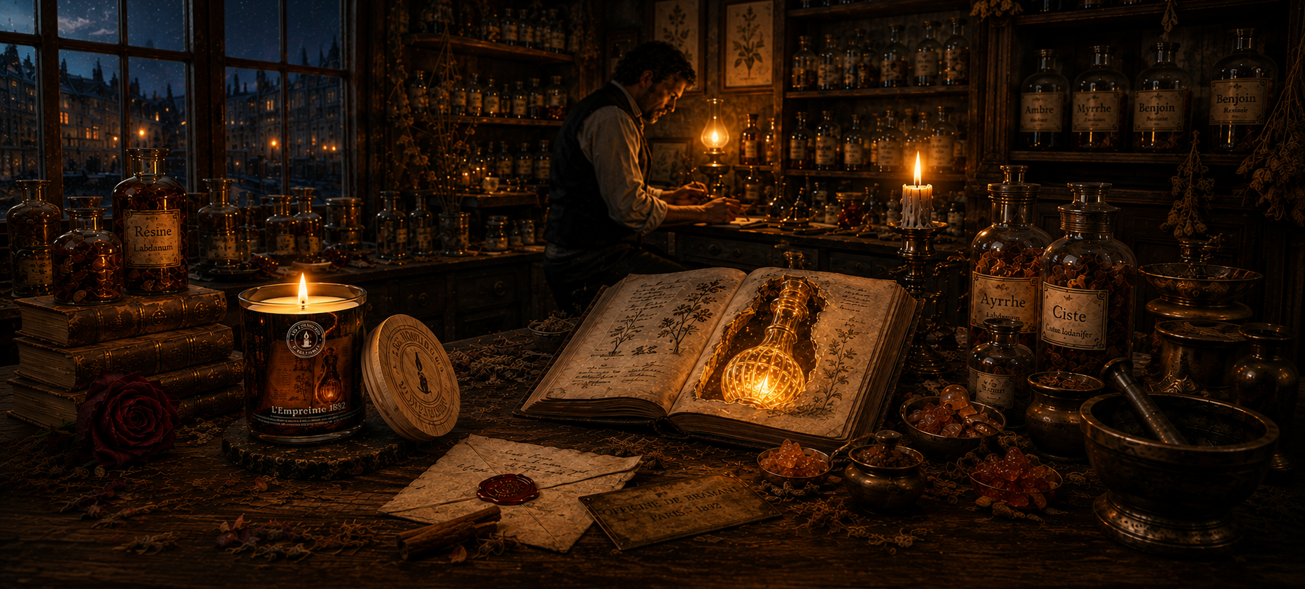Les Fondeurs d'Histoires, marque artisanale française de bougies parfumées et objets sensoriels. Découvrez nos créations inspirées des cabinets d'apothicaire, du dark academia et du storytelling, fabriquées à la main avec des fragrances raffinées et des matières premières de qualité.