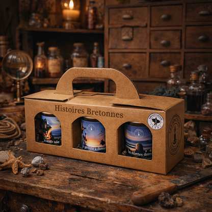 Coffret bougies artisanales Bretagne dans atelier avec vue mer et lumière naturelle