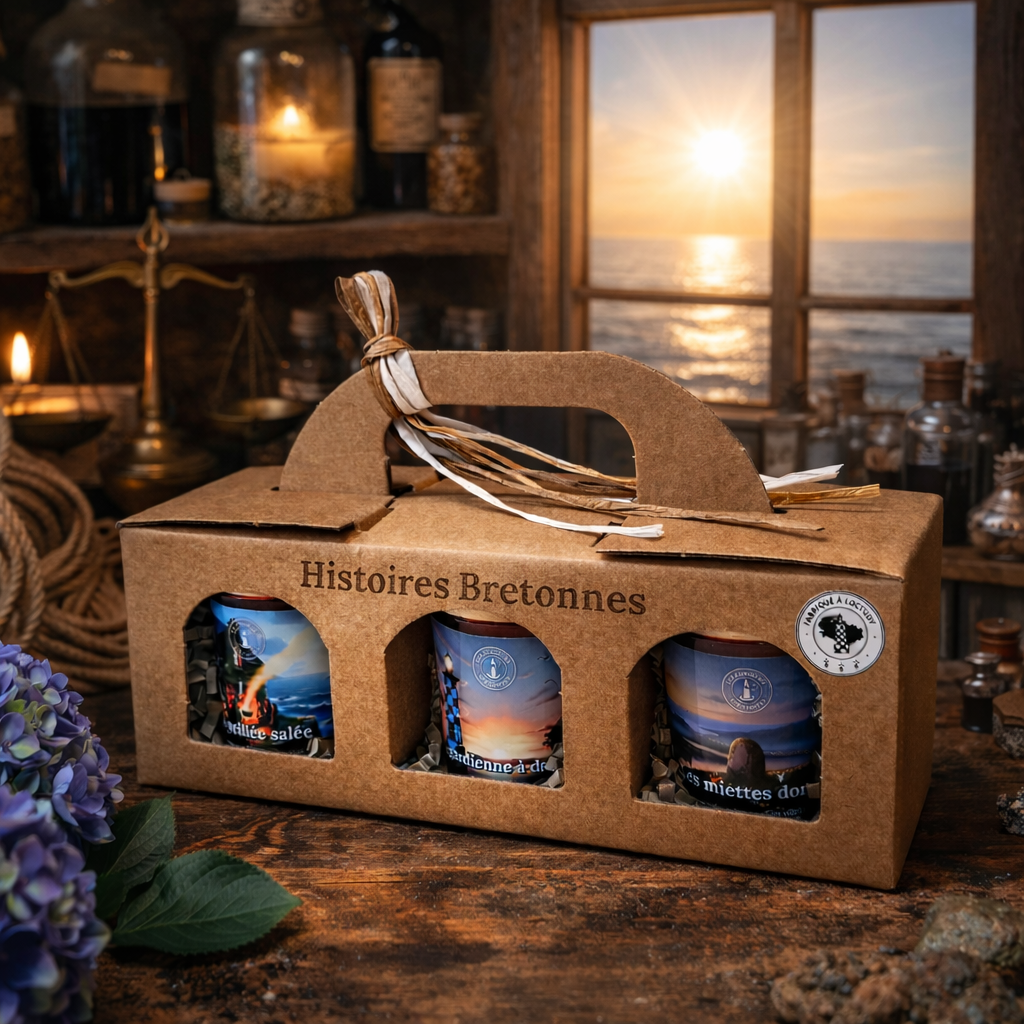Coffret cadeau bougies artisanales Bretagne avec packaging kraft et ruban naturel