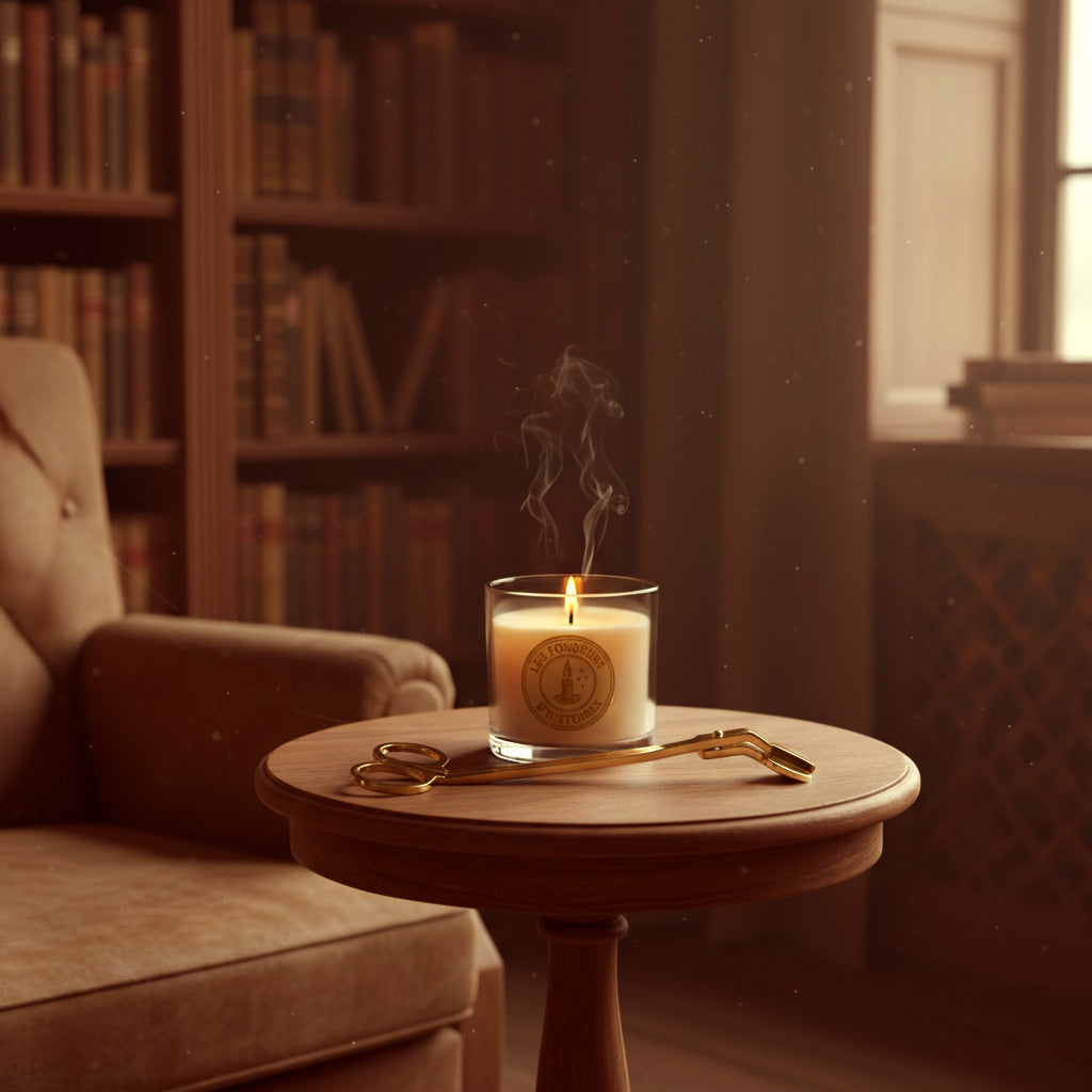 Bougie parfumée allumée, diffusant une lumière douce et chaleureuse dans un intérieur cosy.