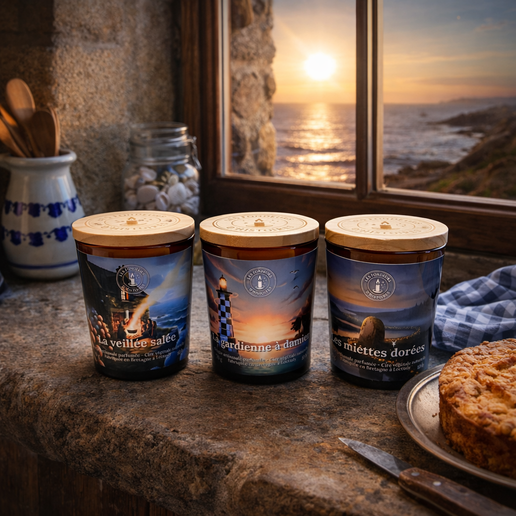 Coffret bougies artisanales dans atelier apothicaire ambiance chaleureuse et vintage