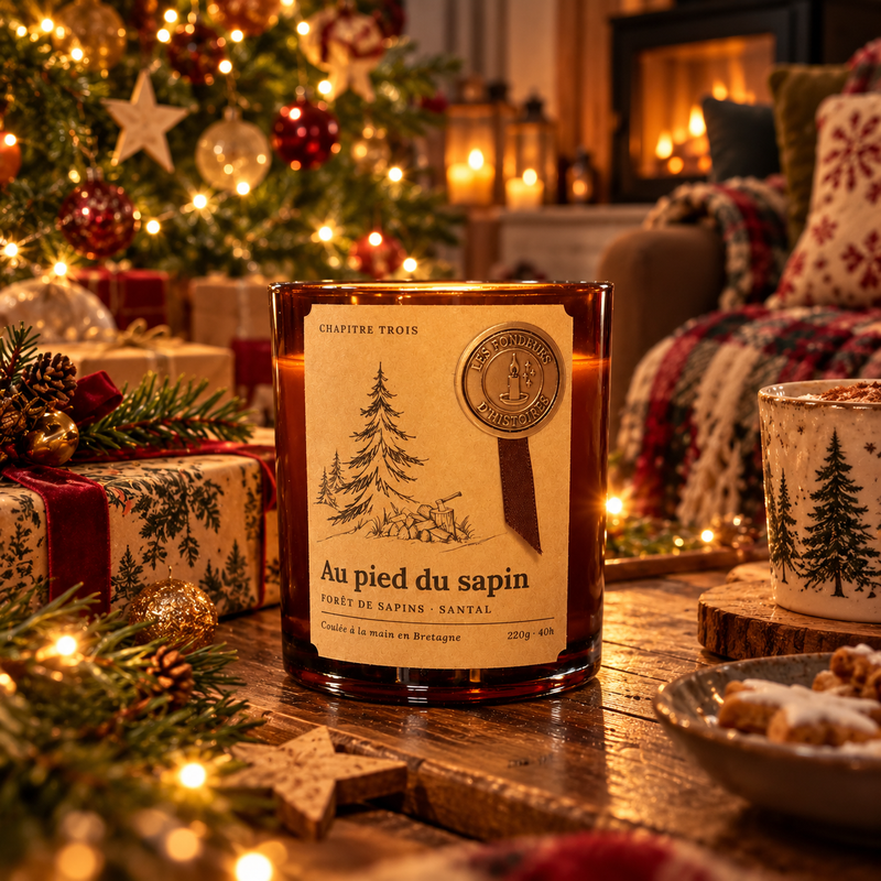 Bougie parfumée Au pied du sapin au pied d'un sapin illuminé, entre cadeaux emballés, pommes de pin et feu de cheminée, Les Fondeurs d'Histoires