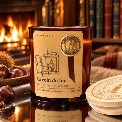 Bougie parfumée Au coin du feu, verre ambré, étiquette kraft et sceau doré, Les Fondeurs d'Histoires