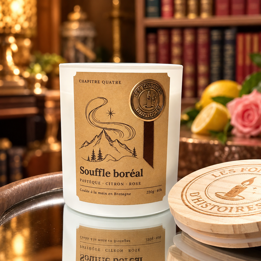 Bougie parfumée Souffle boréal, verre ambré, étiquette kraft et sceau doré, Les Fondeurs d'Histoires