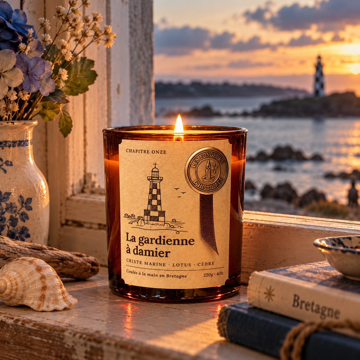Bougie parfumée La gardienne à damier allumée sur un rebord de fenêtre, face à un phare à damier au coucher du soleil en Bretagne, Les Fondeurs d'Histoires