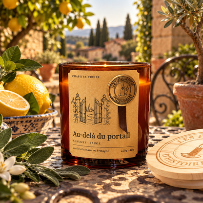 Bougie parfumée Au-delà du portail sur une terrasse méditerranéenne ensoleillée, entre citrons, sauge et olivier, Les Fondeurs d'Histoires