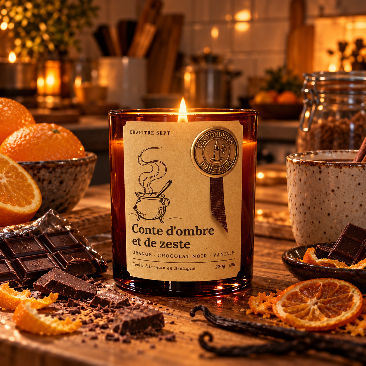 Bougie parfumée Conte d'ombre et de zeste allumée, entourée d'oranges, de carrés de chocolat noir et de gousses de vanille, Les Fondeurs d'Histoires