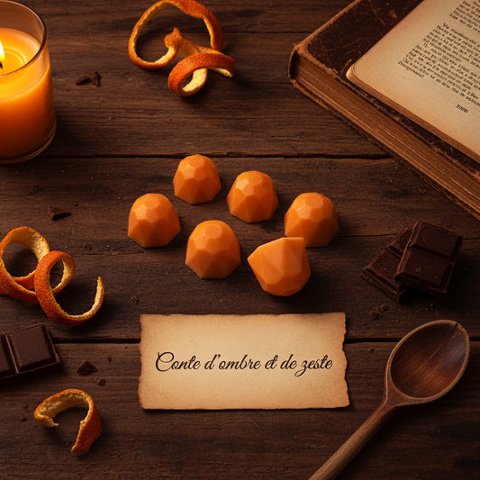 Bougie parfumée en cire végétale de colza et coco dans un décor d’atelier apothicaire.