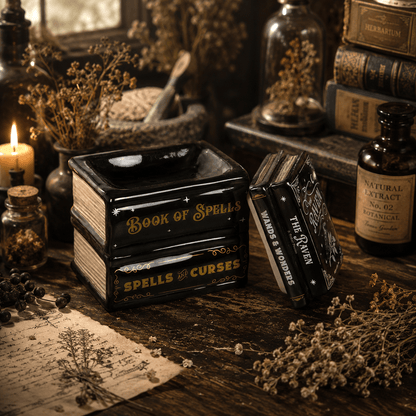 <span style="color:rgb(0,0,0);">Bougie artisanale parfumée -</span> D_tail_du_br_leur_Myst_re_c_ramique_noire_en_forme_de_livres_empil_s - Les Fondeurs d'Histoires - <span style="color:rgb(0,0,0);">en cire végétale fabriquée en Bretagne - Les Fondeurs d’Histoires</span>
