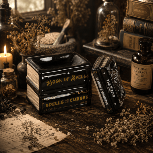 <span style="color:rgb(0,0,0);">Bougie artisanale parfumée -</span> D_tail_du_br_leur_Myst_re_c_ramique_noire_en_forme_de_livres_empil_s - Les Fondeurs d'Histoires - <span style="color:rgb(0,0,0);">en cire végétale fabriquée en Bretagne - Les Fondeurs d’Histoires</span>
