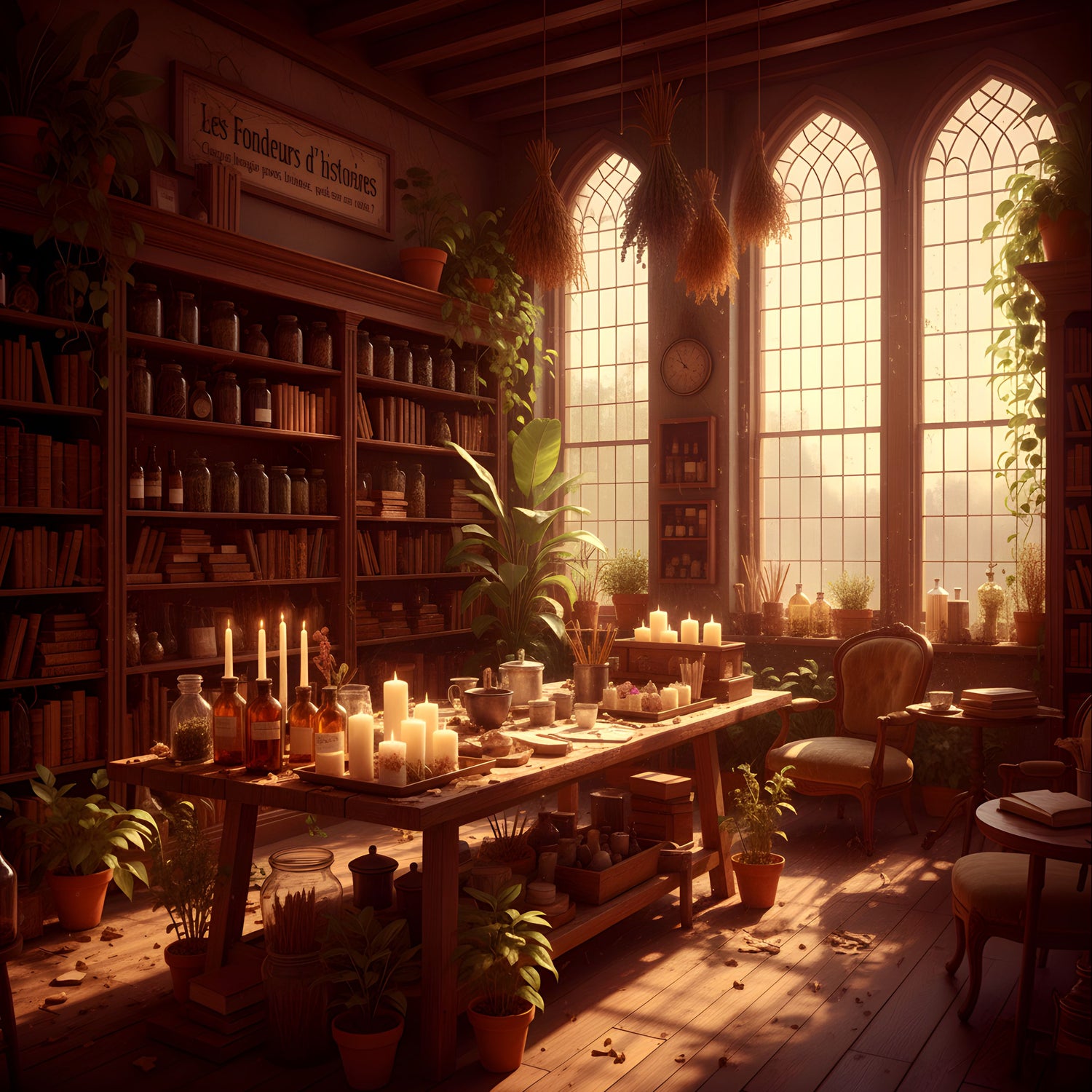 Bougie artisanale haut de gamme posée sur une table en bois, ambiance cabinet de curiosités.