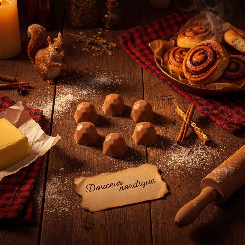 Photographie d’une bougie Les Fondeurs d’Histoires avec étiquette dorée raffinée.