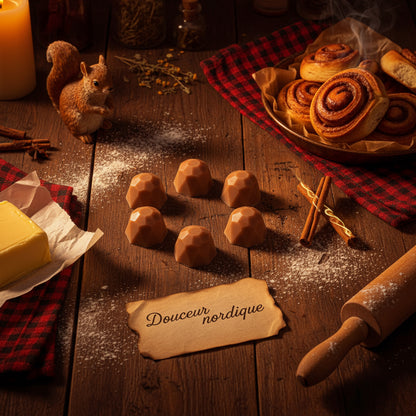 Photographie d’une bougie Les Fondeurs d’Histoires avec étiquette dorée raffinée.