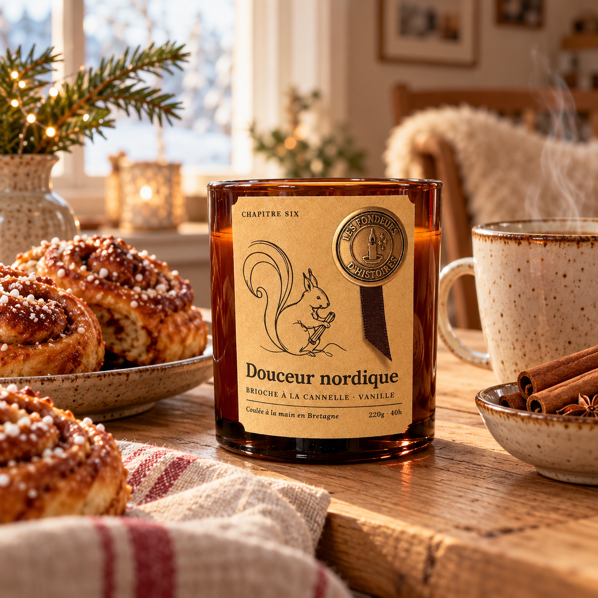 Bougie parfumée Douceur nordique sur une table en bois, entre brioches à la cannelle et tasse fumante, dans une lumière d'hiver, Les Fondeurs d'Histoires