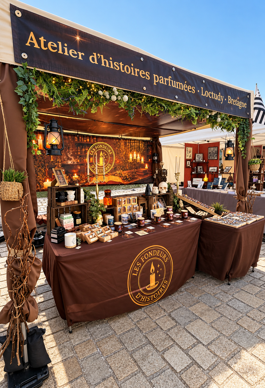 Les Fondeurs d'Histoires stall at a makers' market in Brittany