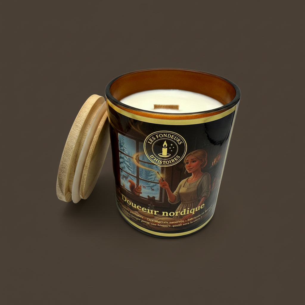 Bougie en verre transparent avec logo doré Les Fondeurs d’Histoires.