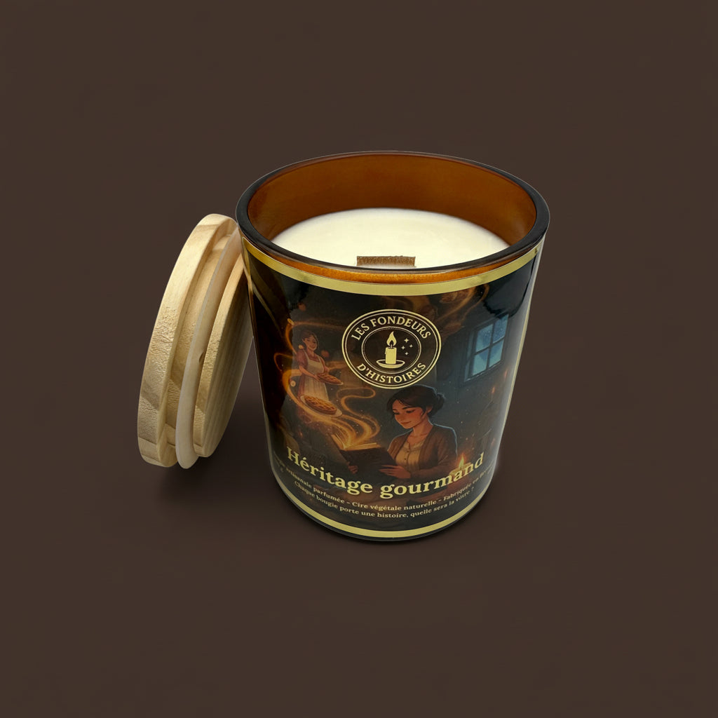 Détail d’une étiquette dorée sur bougie artisanale fabriquée à la main en Bretagne.