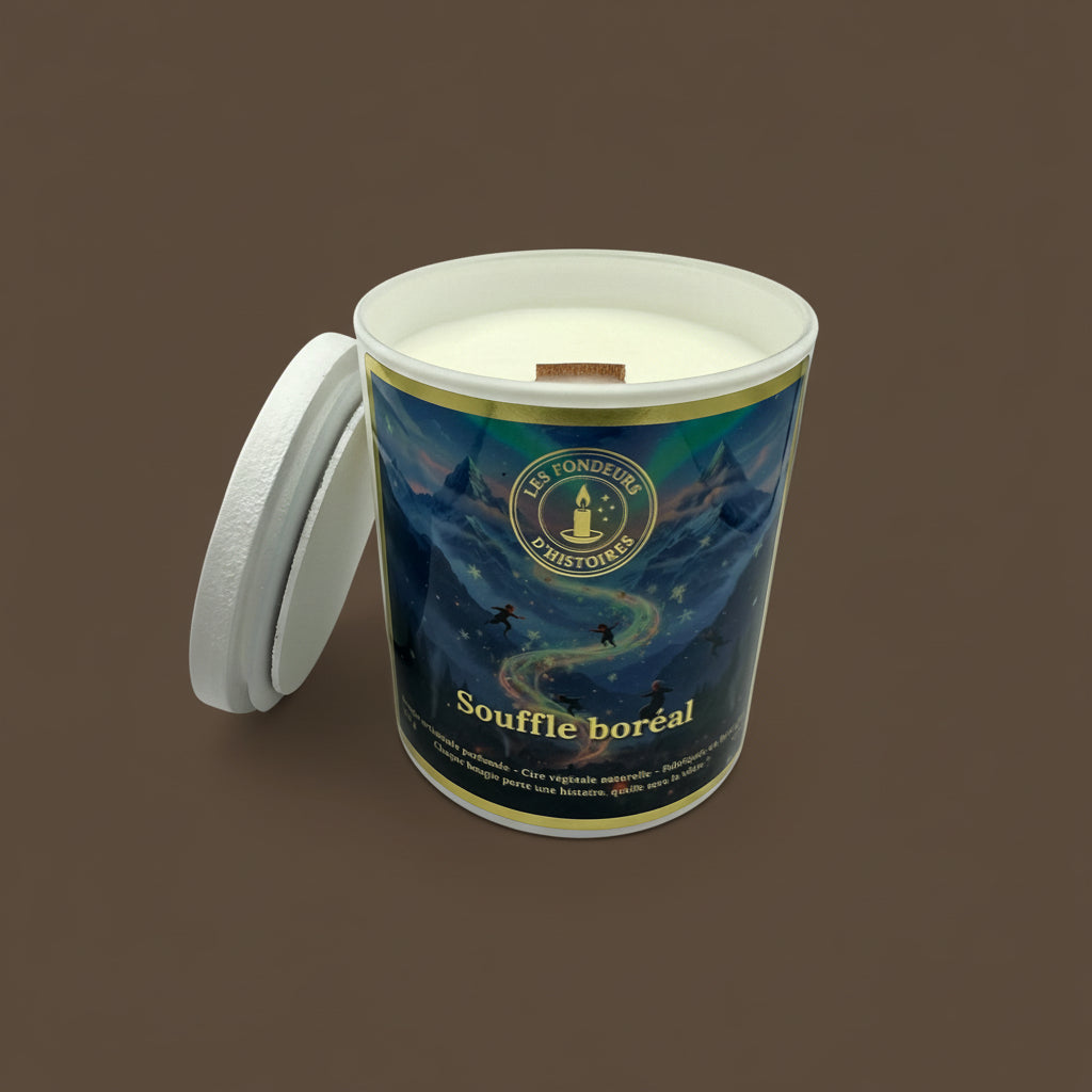 Flamme douce d’une bougie Les Fondeurs d’Histoires créant une lumière chaleureuse.