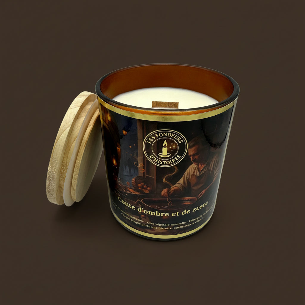 Bougie en verre transparent avec logo doré Les Fondeurs d’Histoires.