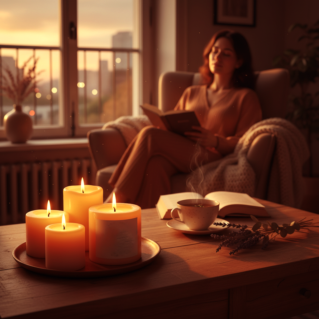 Flamme parfumée dans un pot en verre ambré, ambiance cocooning