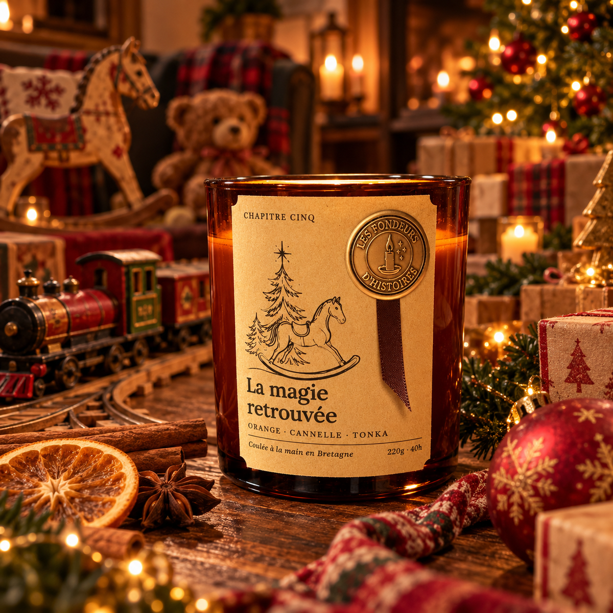 Bougie parfumée La magie retrouvée parmi des jouets anciens de Noël, cheval à bascule, petit train et ours en peluche, Les Fondeurs d'Histoires