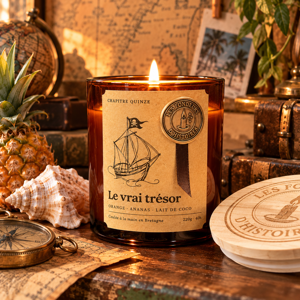 Bougie parfumée Le vrai trésor allumée dans un décor d'explorateur, entre carte ancienne, boussole, coquillage et ananas, Les Fondeurs d'Histoires