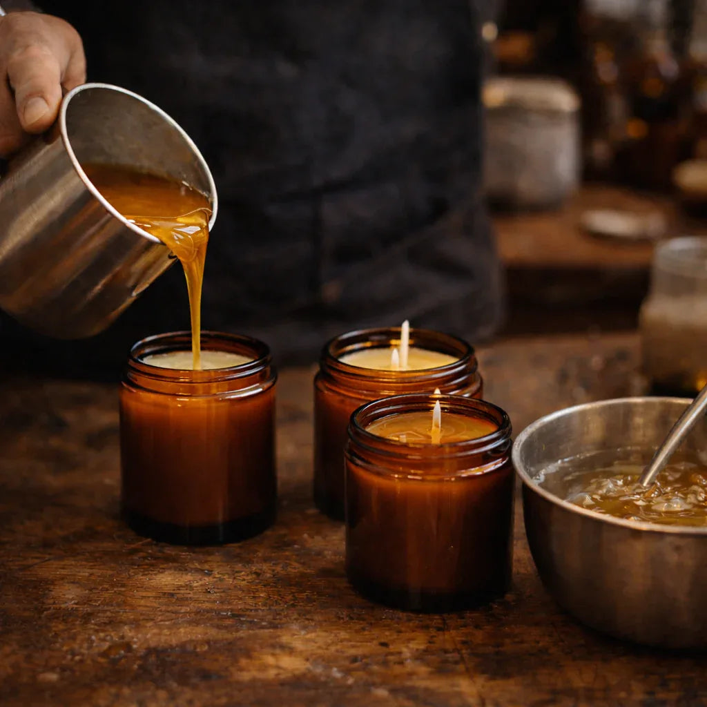 Artisanal production of scented vegetable wax candles in the workshop