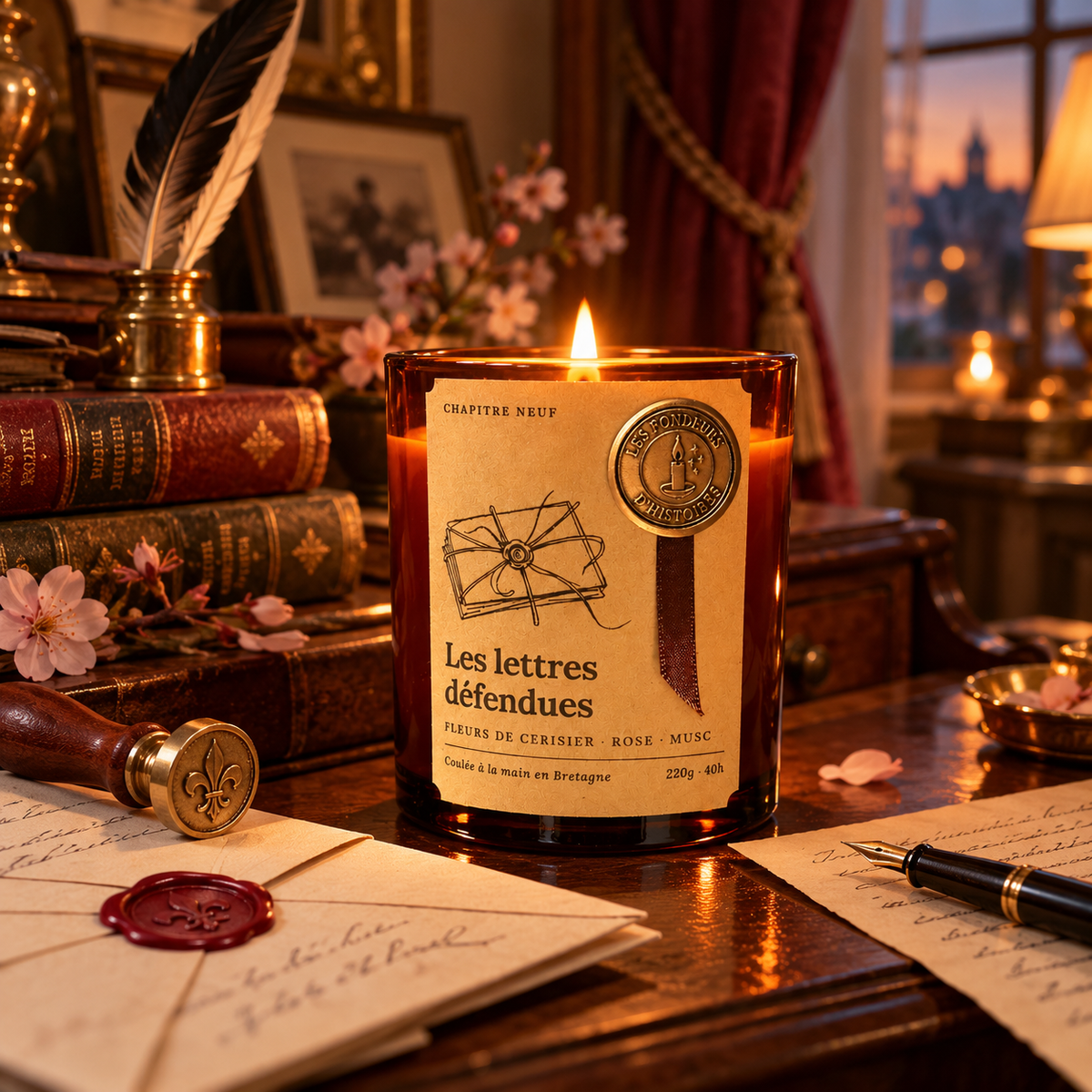 Bougie parfumée Les lettres défendues allumée sur un secrétaire ancien, entre lettres scellées à la cire, plume et fleurs de cerisier, Les Fondeurs d'Histoires